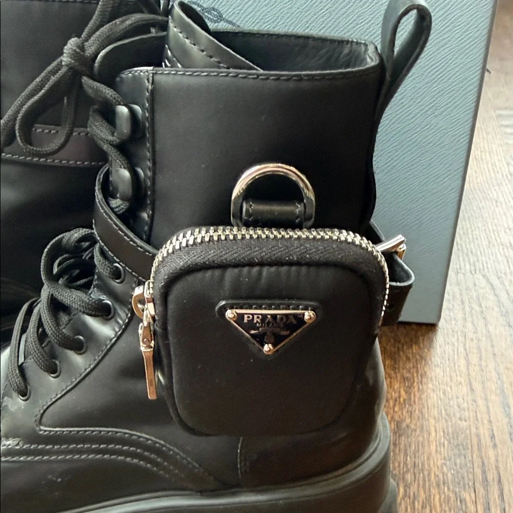 Prada Black Leather Lug-Sole Combat Boots with Detachable Mini Pouch - Picture 7 of 16